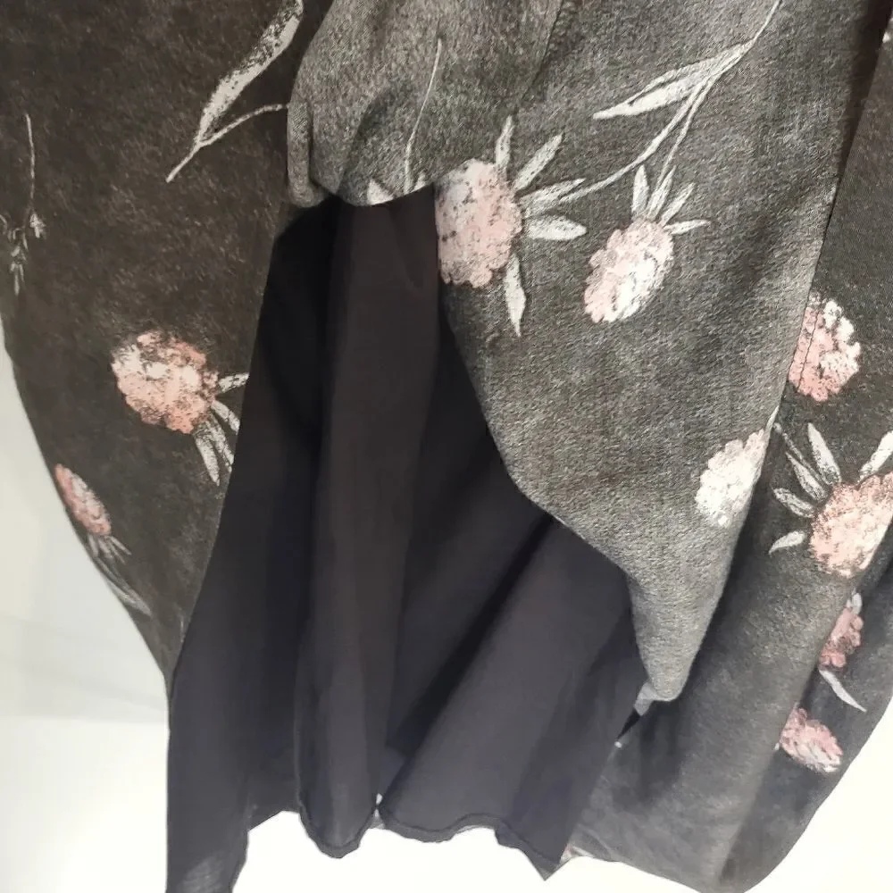 Caslon‎ Dress Sz S Pink Black Floral Print Long Sleeve Ruffle Accents Drop Waist